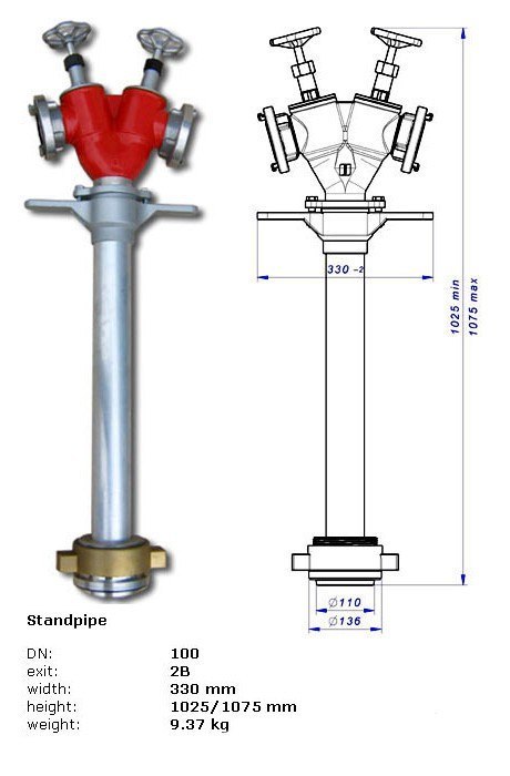 Stojak hydrantowy DN 100 2x75 A/BB z nasadami > Fireshop.com.pl
